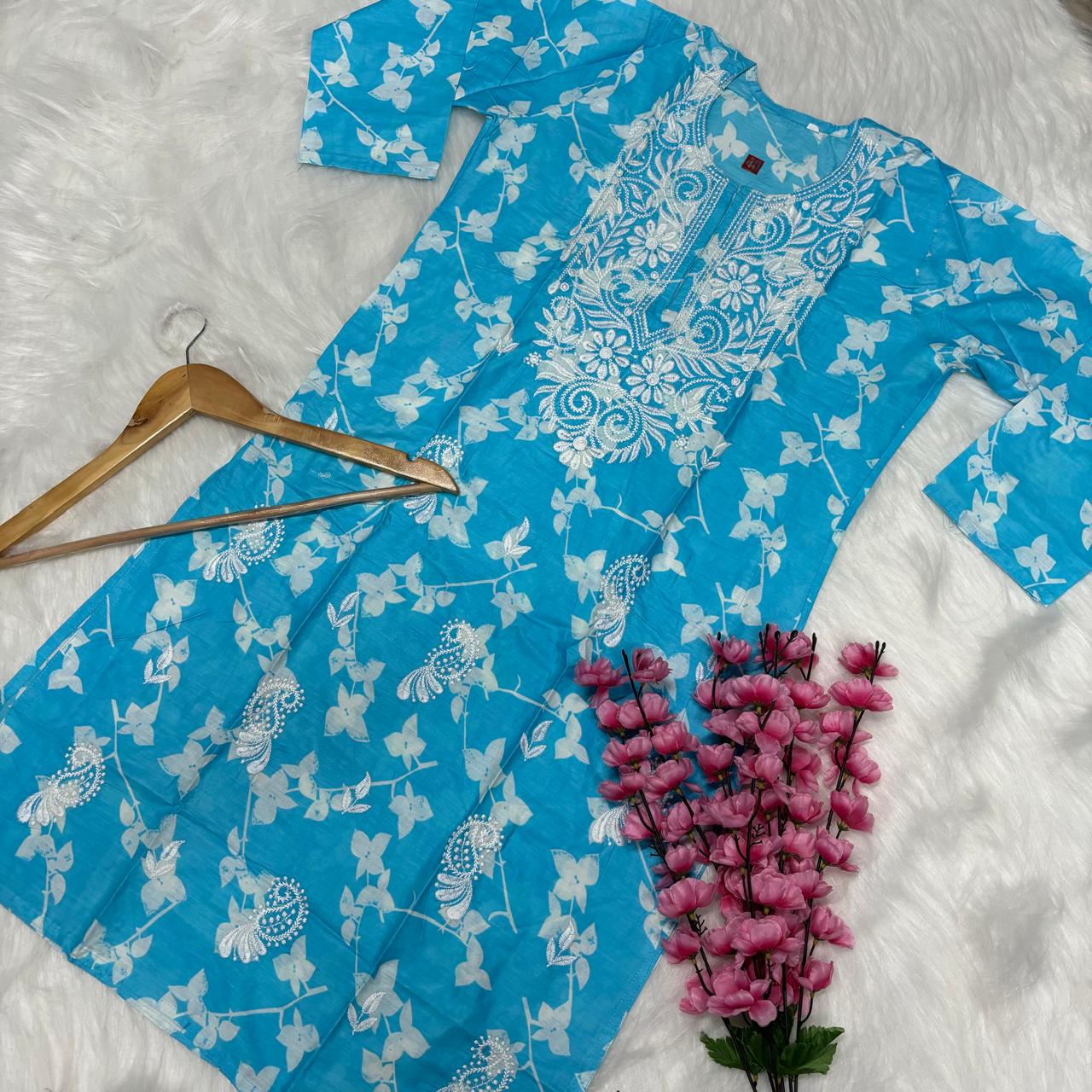 Mulmul Cotton Chikankari Machine Work Kurti - Sky Blue Colour