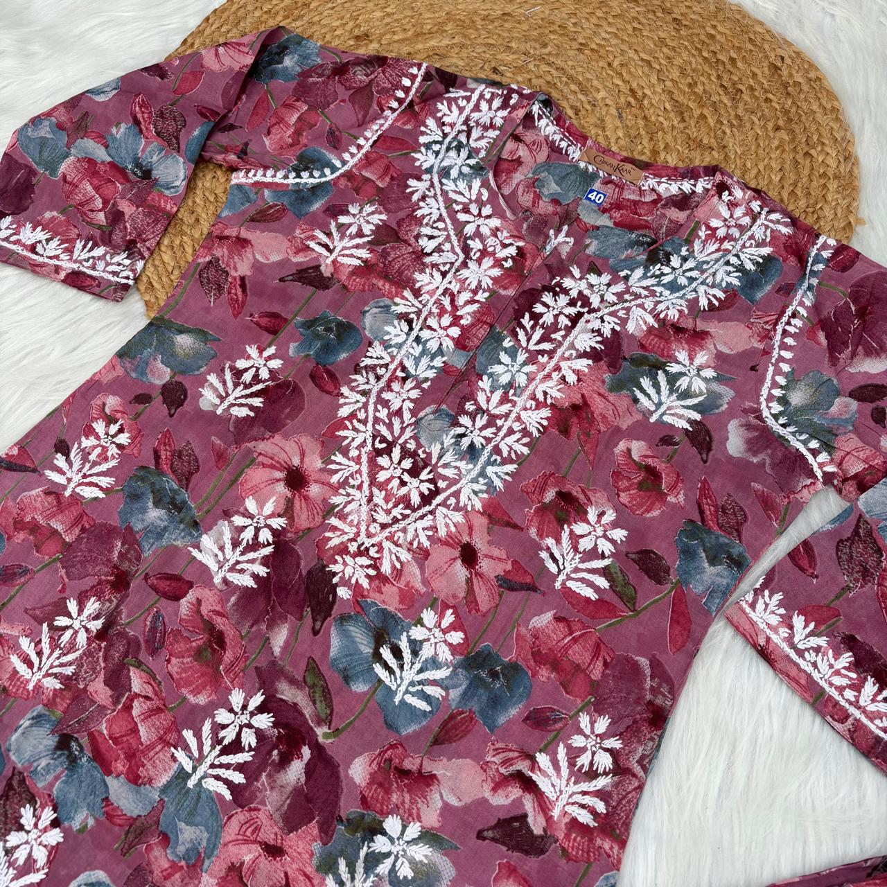 Jameela Mulmul Cotton Chikankari Kurti Set - Mauve Colour