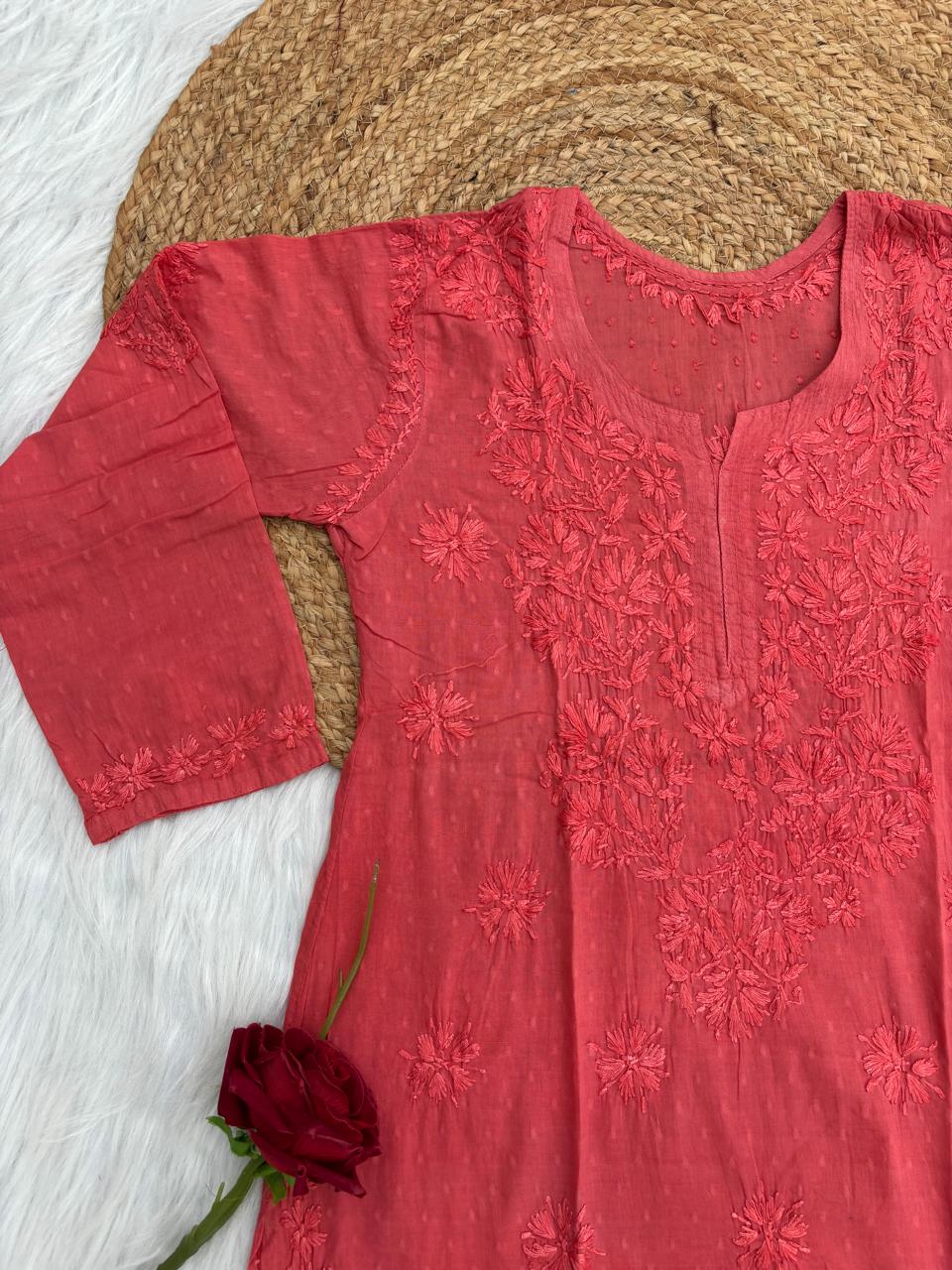 Ziva Soft Dobby Cotton Lucknowi Handwork Chikankari Short Kurti - Gazri Colour