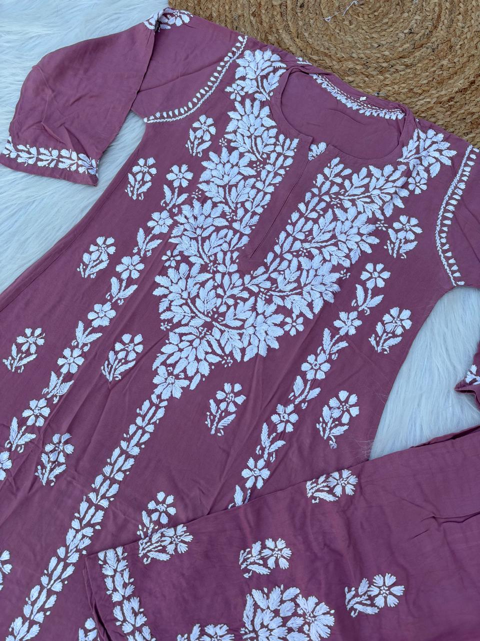 Samara Rayon Handwork Chikankari Kurti Plazo Set - Blush Colour