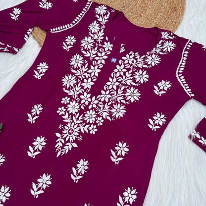 Maya Rayon Chikankari Kurti Plazo Set - Wine Colour
