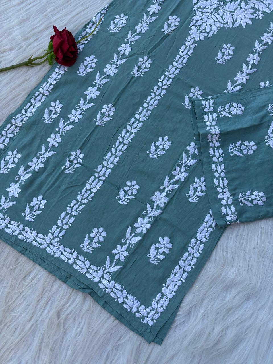 Samara Rayon Handwork Chikankari Kurti Plazo Set - Sea Green Colour