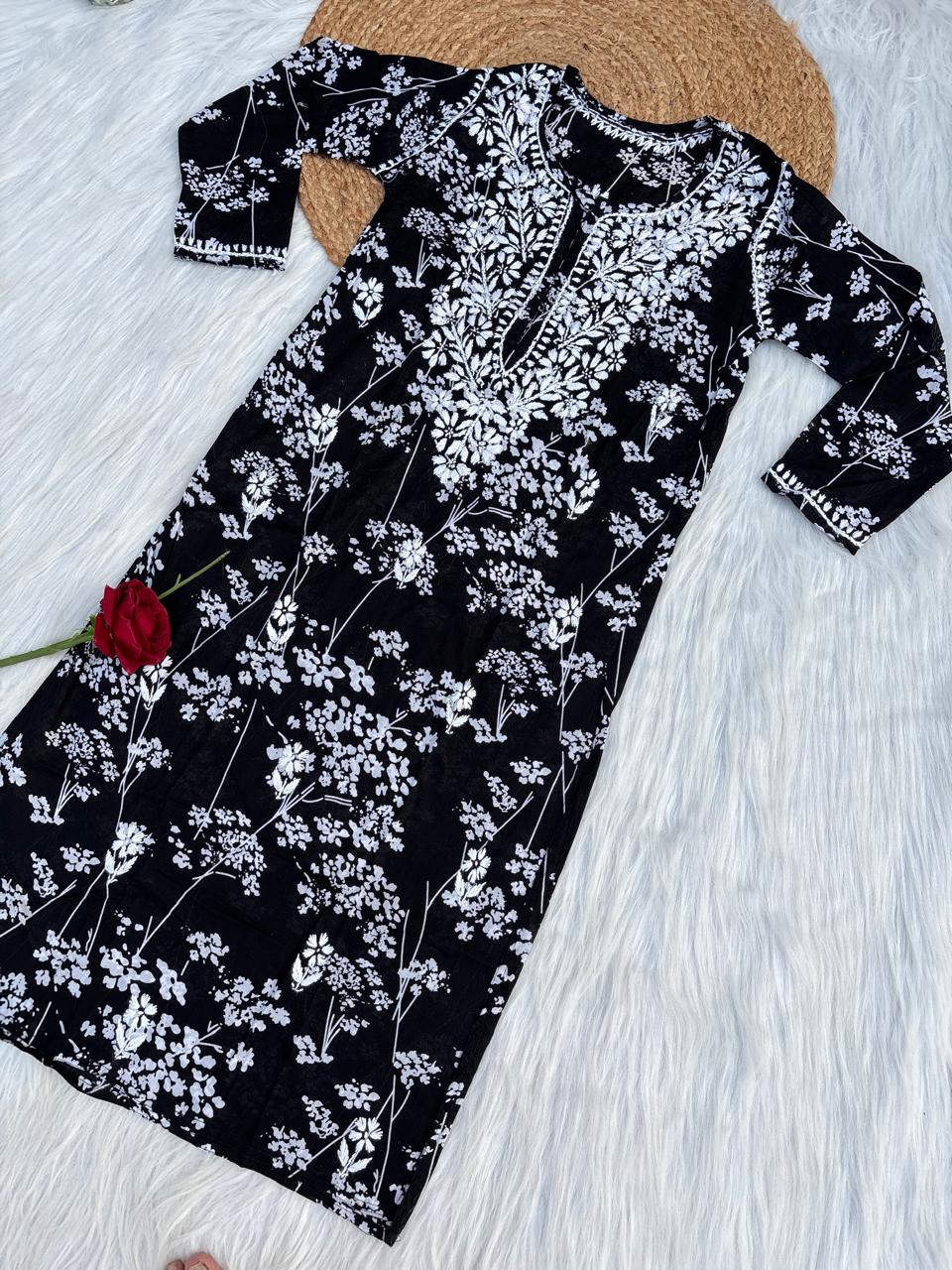 Sidra Pure Mulmul Chikankari Handwork Kurti - Black Colour
