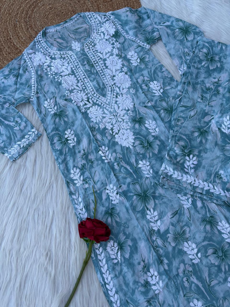 Shazia Mulmul Cotton Chikankari Kurti Set -Dark Grey Colour