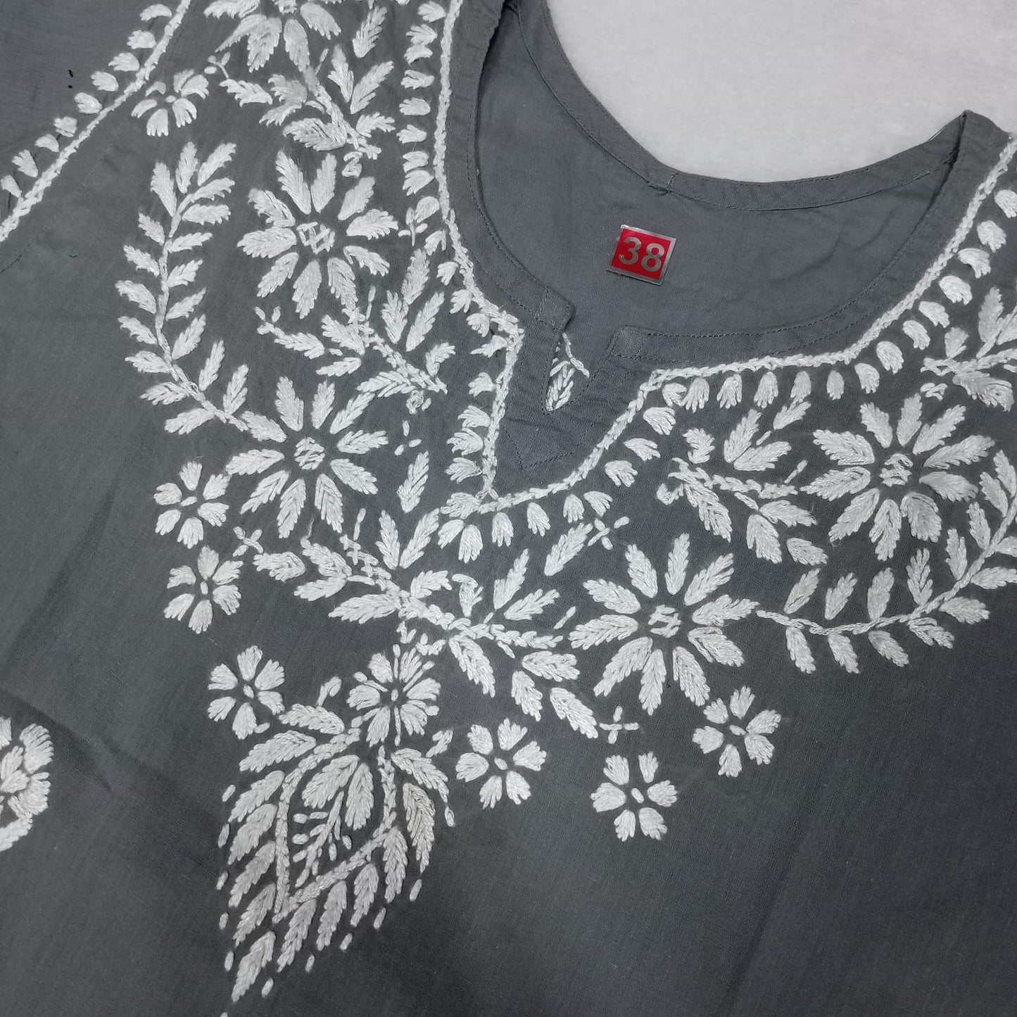 Cotton Chikankari Handwork Short Kurti -Grey Colour