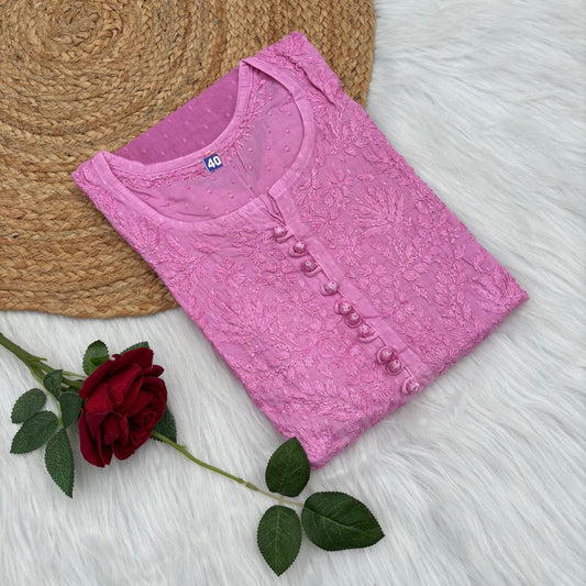 Farah Ombre Shaded Dobby Cotton Chikankari Kurti - Pink colour