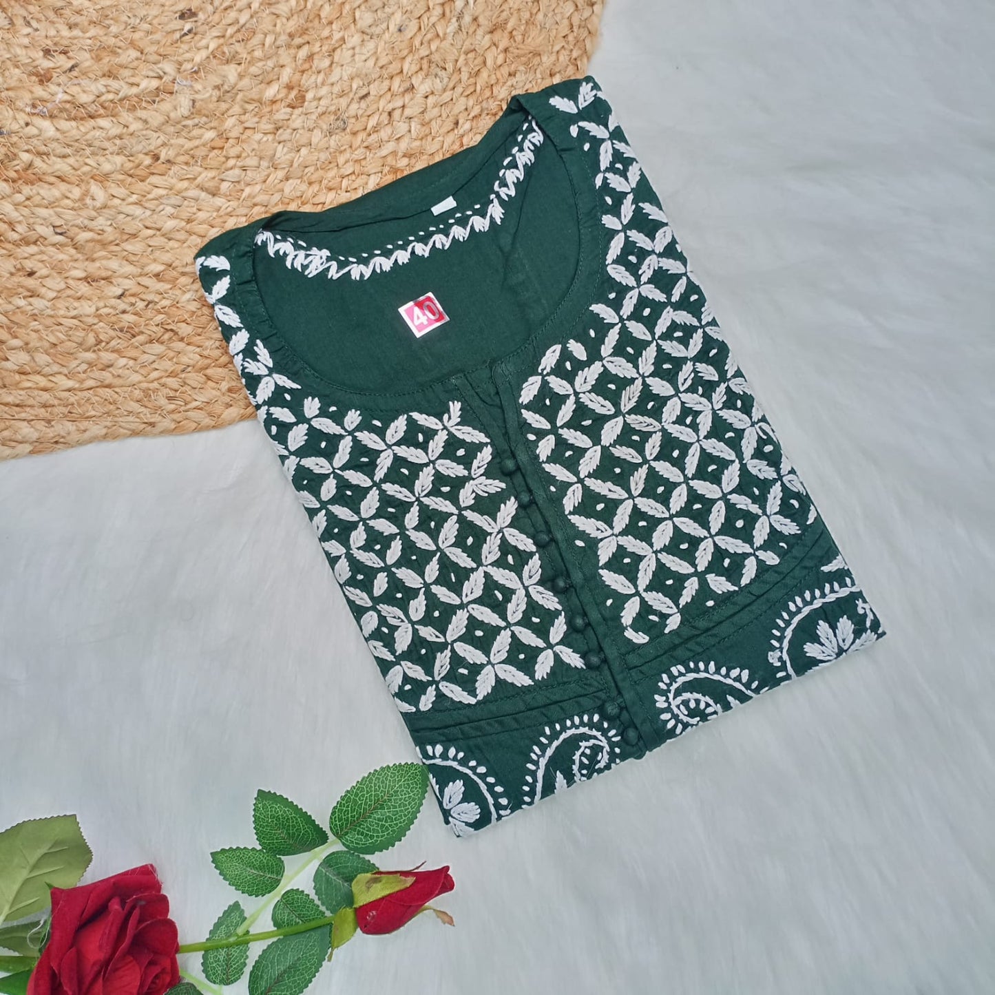 Adiva Pure Cotton Chikankari Handwork Kurti -Dark Green Colour