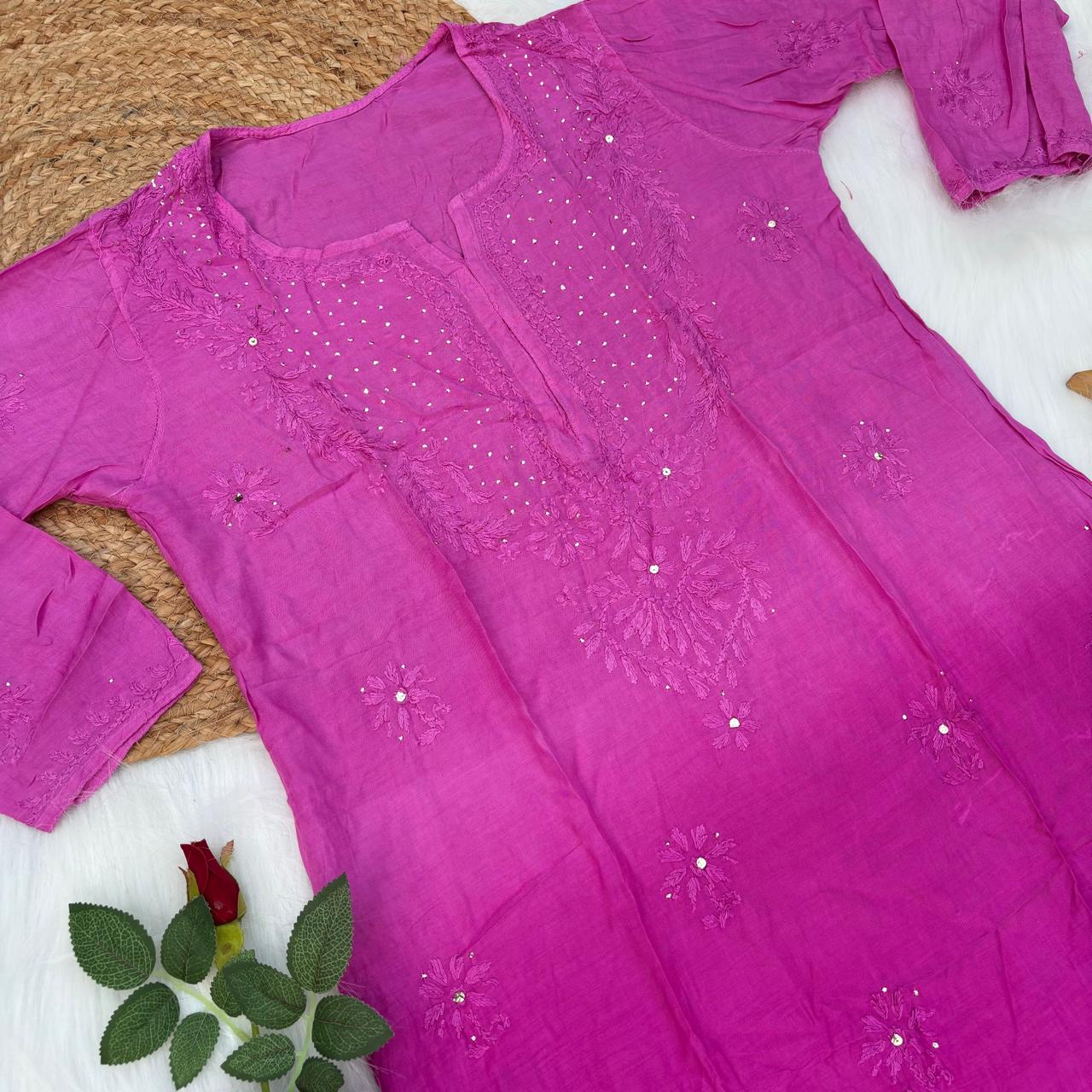 Rakul Preet Inspired Chikankari Muslin Kurti with Mukaish Work - Fuchsia Colour