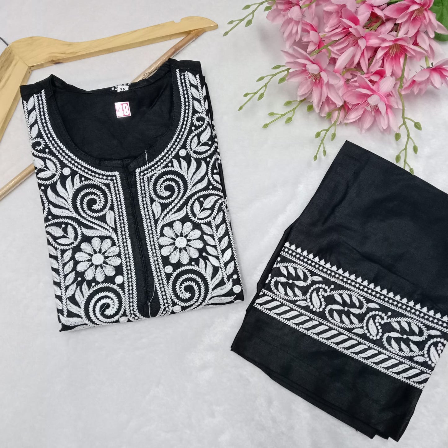 Rayon Chikankari Machine Work  Kurti Plazo Set- Black Colour