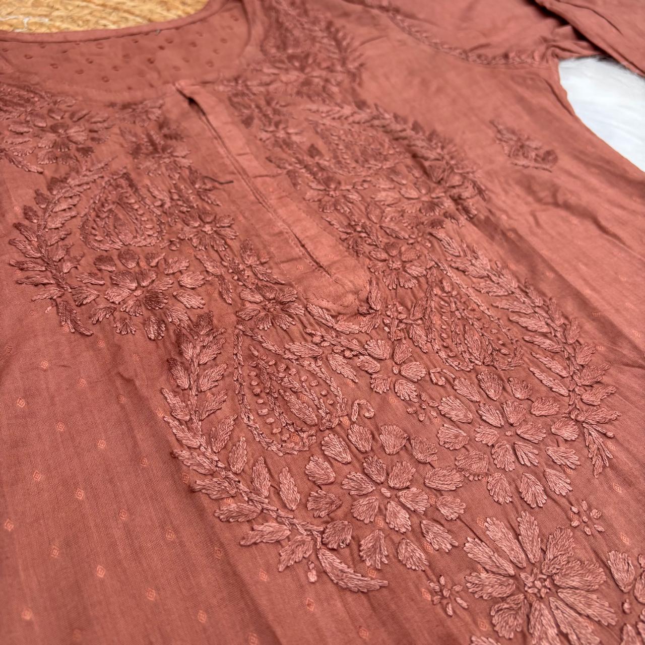 Nuha Dobby cotton Ombre shaded Lucknowi Chikankari Kurti Plazo Set - Brown Colour