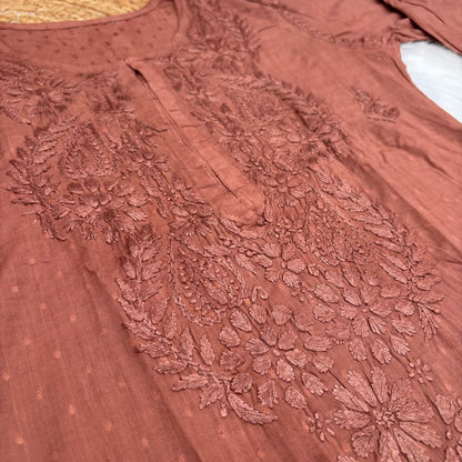 Nuha Dobby cotton Ombre shaded Lucknowi Chikankari Kurti Plazo Set - Brown Colour