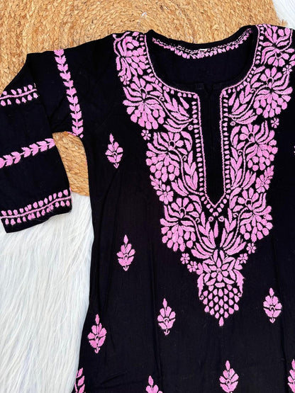 Shifa Soft Rayon Lucknowi Chikankari Kurti - Black Pink Color