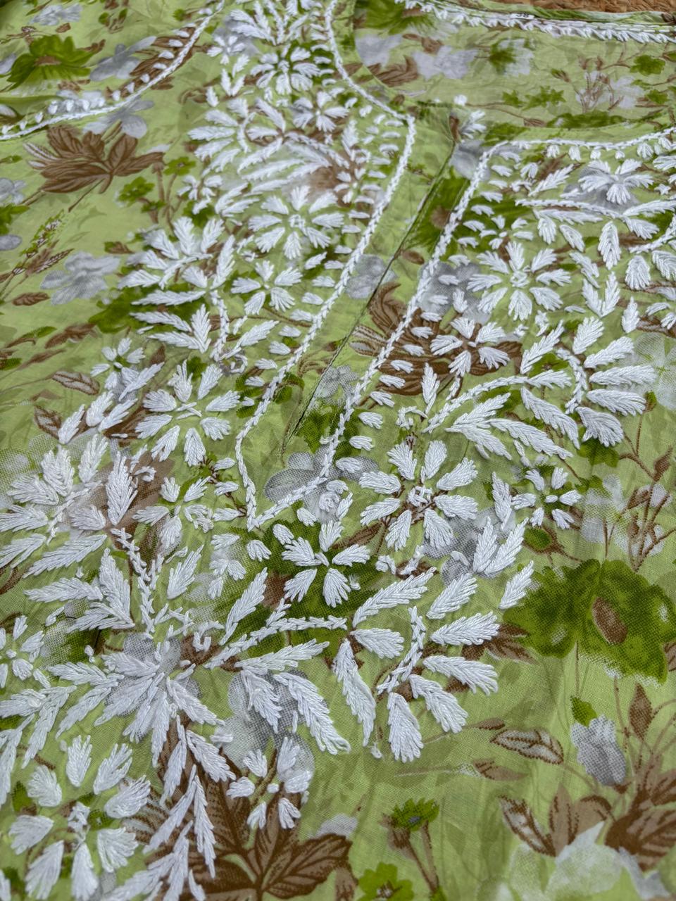 Alina Pure Mulmul Chikankari Handwork Kurti - Green Colour