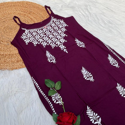 Safa Rayon Chikankari Noodle Strap Short Kurti -  Wine colour (Length - 38")