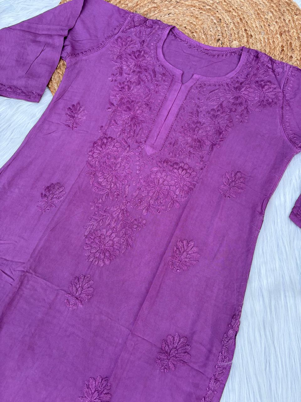 Rabab Dyeable Soft Rayon Handwork Chikankari Kurti - Wine Colour