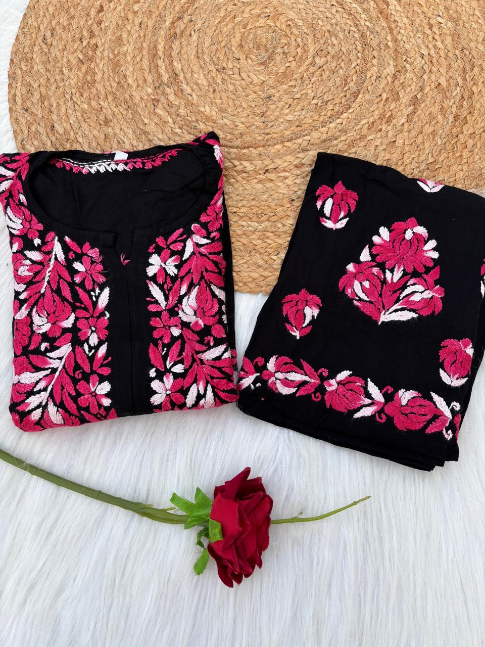 Rida Rayon Handwork Chikankari Kurti Set - Pink Colour