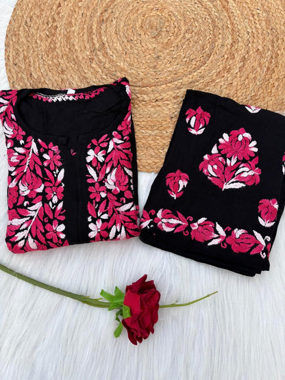 Rida Rayon Handwork Chikankari Kurti Set - Pink Colour