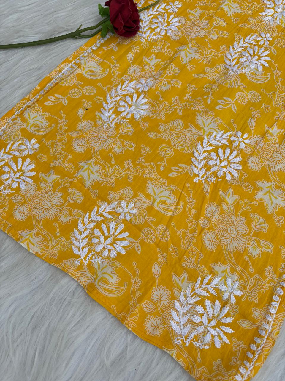 Sameera Pure Mulmul Chikankari Handwork Kurti - Yellow Colour