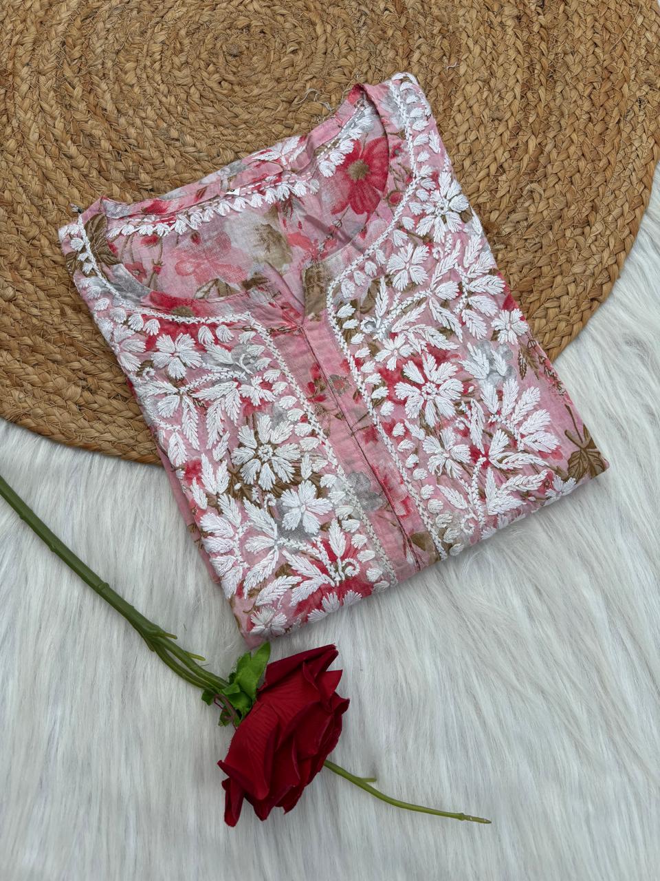 Alina Pure Mulmul Chikankari Handwork Kurti - Pink Colour