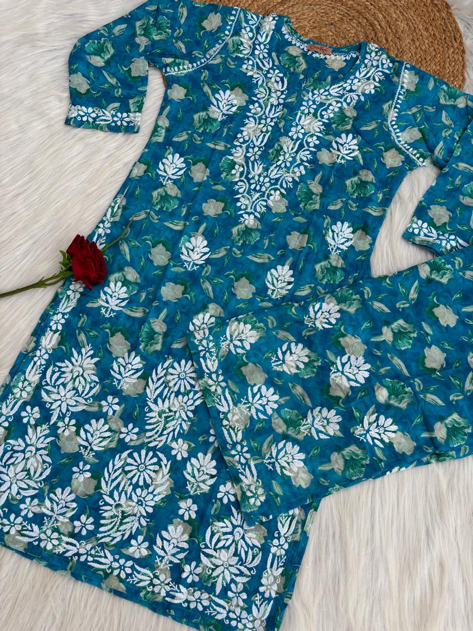 Elena Mulmul Cotton Handwork Chikankari Kurti Set - Blue Colour