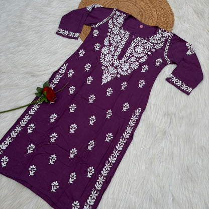 Maysa Soft Rayon Handwork Chikankari Kurti - Mauve Colour