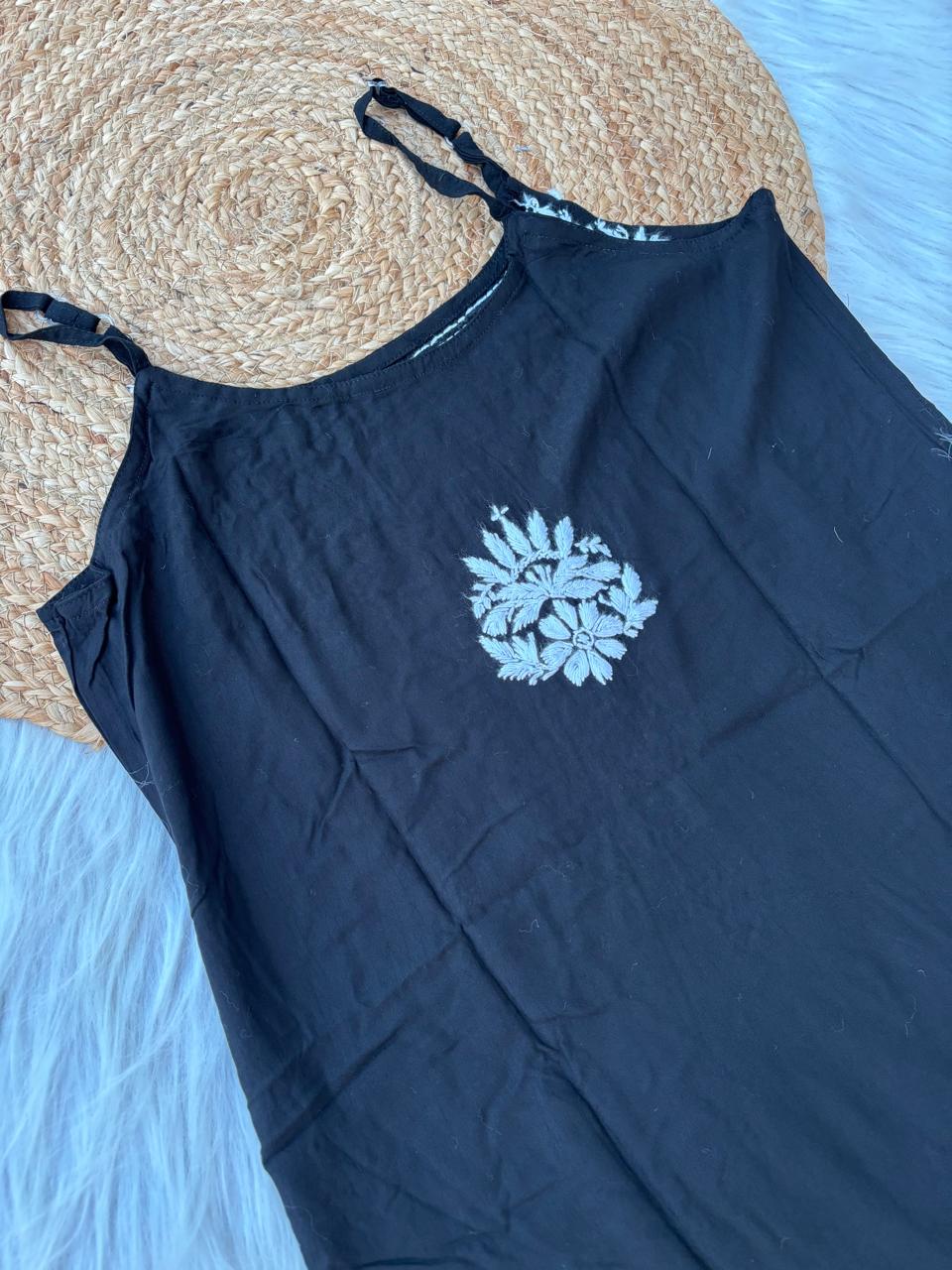 Ayla Rayon Handwork Chikankari Noodle Strap Short Kurti - Black Colour