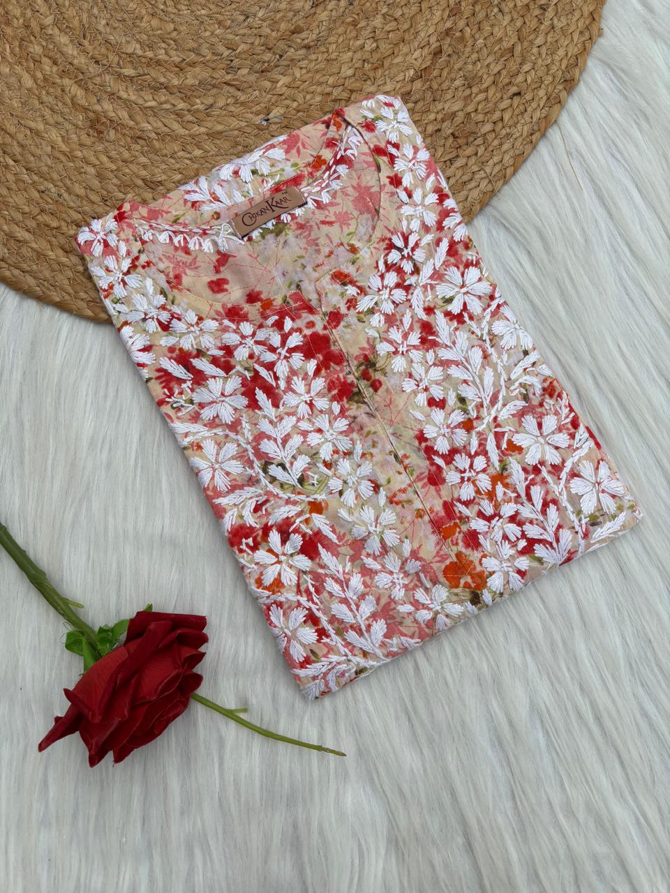 Fatima Pure Mulmul Chikankari  Handwork Kurti - Red Colour