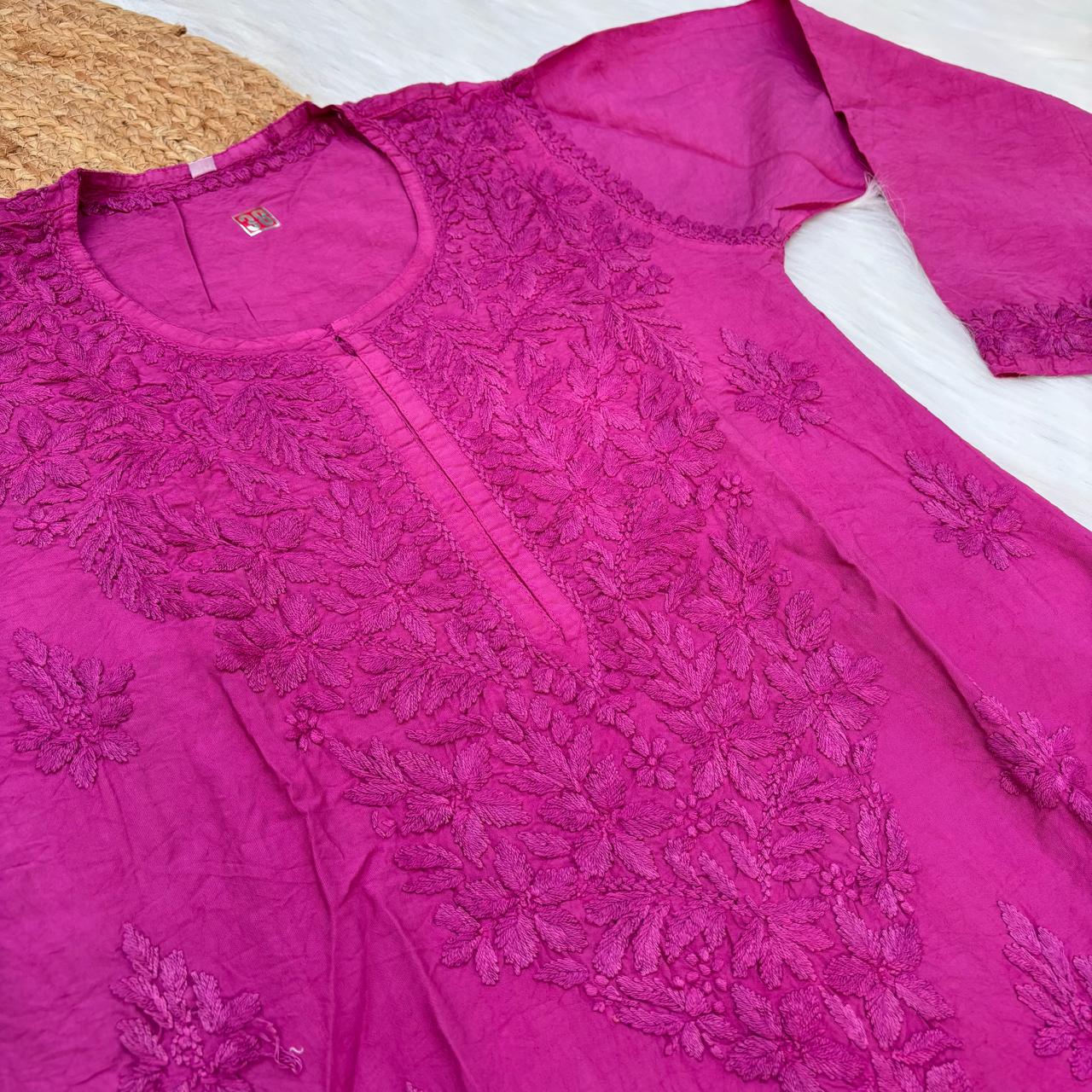 Zooni Chanderi Lucknowi Chikankari Dyed Kurti -Rani colour