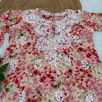 Nura Pure Mulmul Cotton Short Kurti - Red Colour - Chikankaar