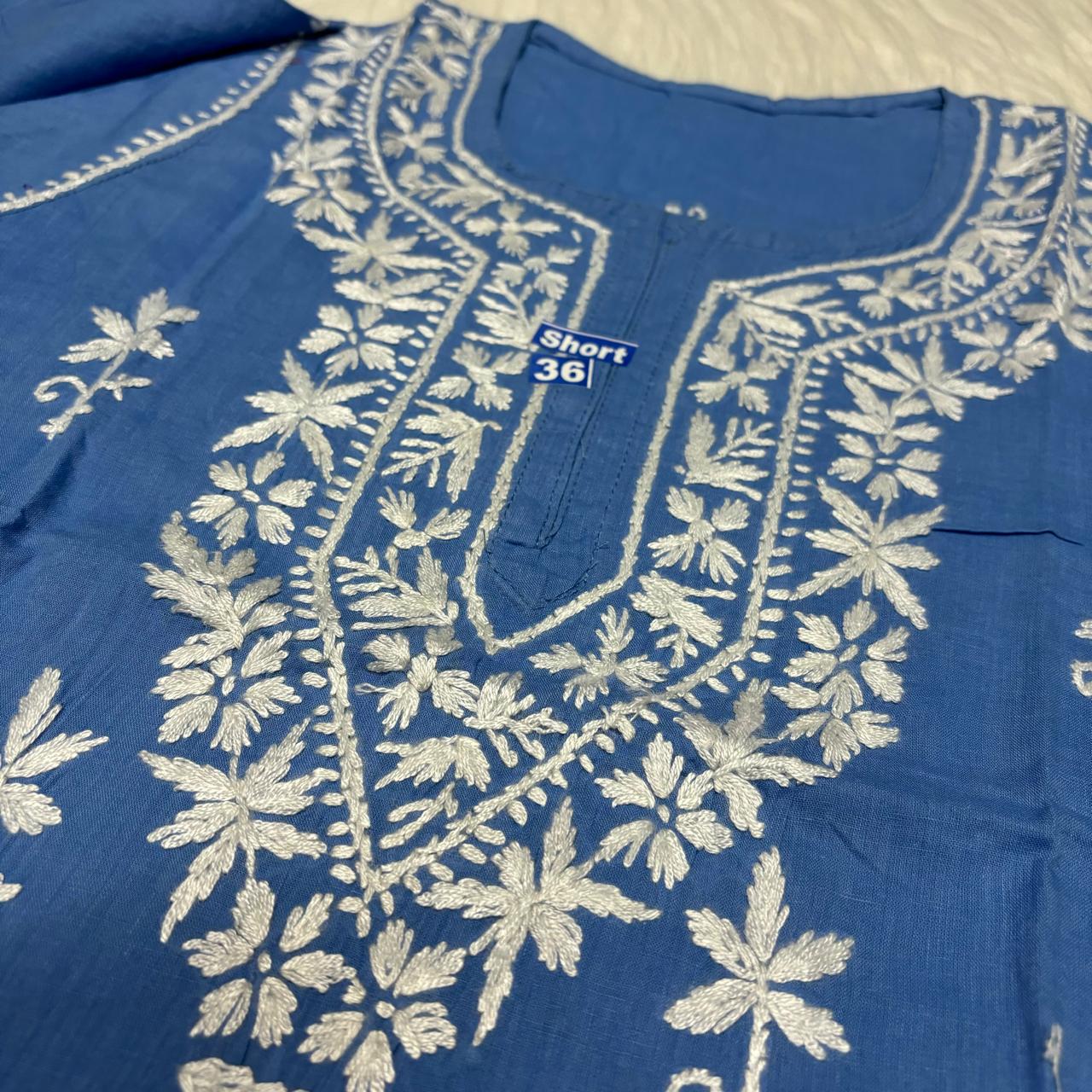 Ziya Pure Cotton Chikankari Short Top- Sky Blue  Colour