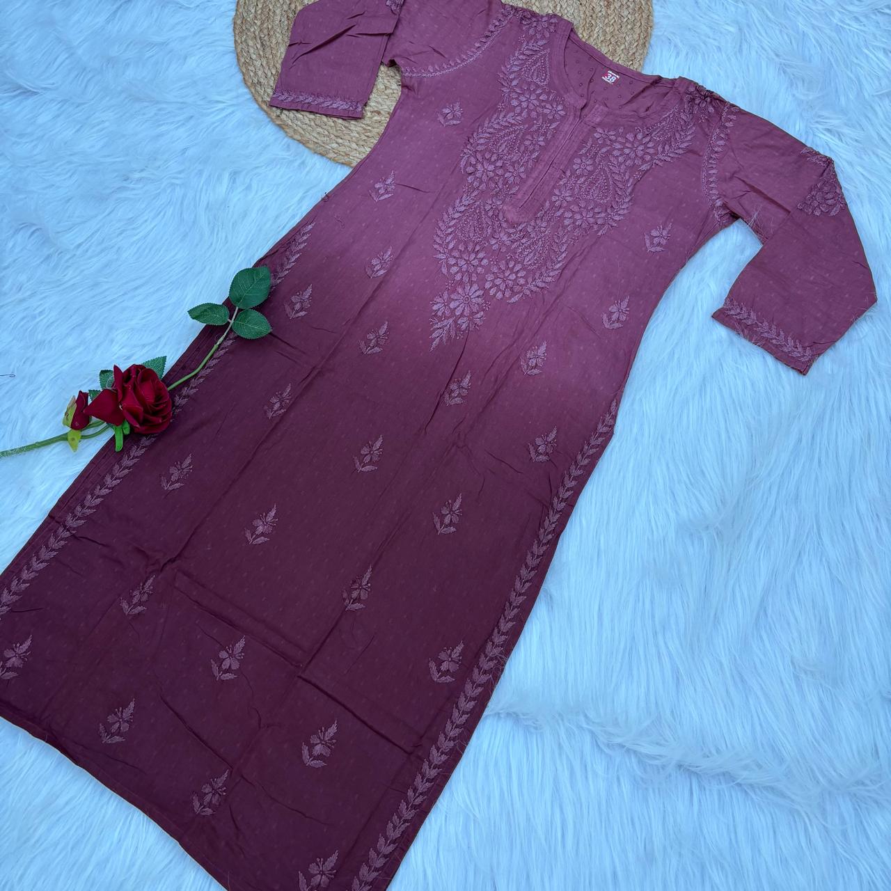 Tamanna Ombre Shaded Dobby Cotton Chikankari Kurti - Brown Colour
