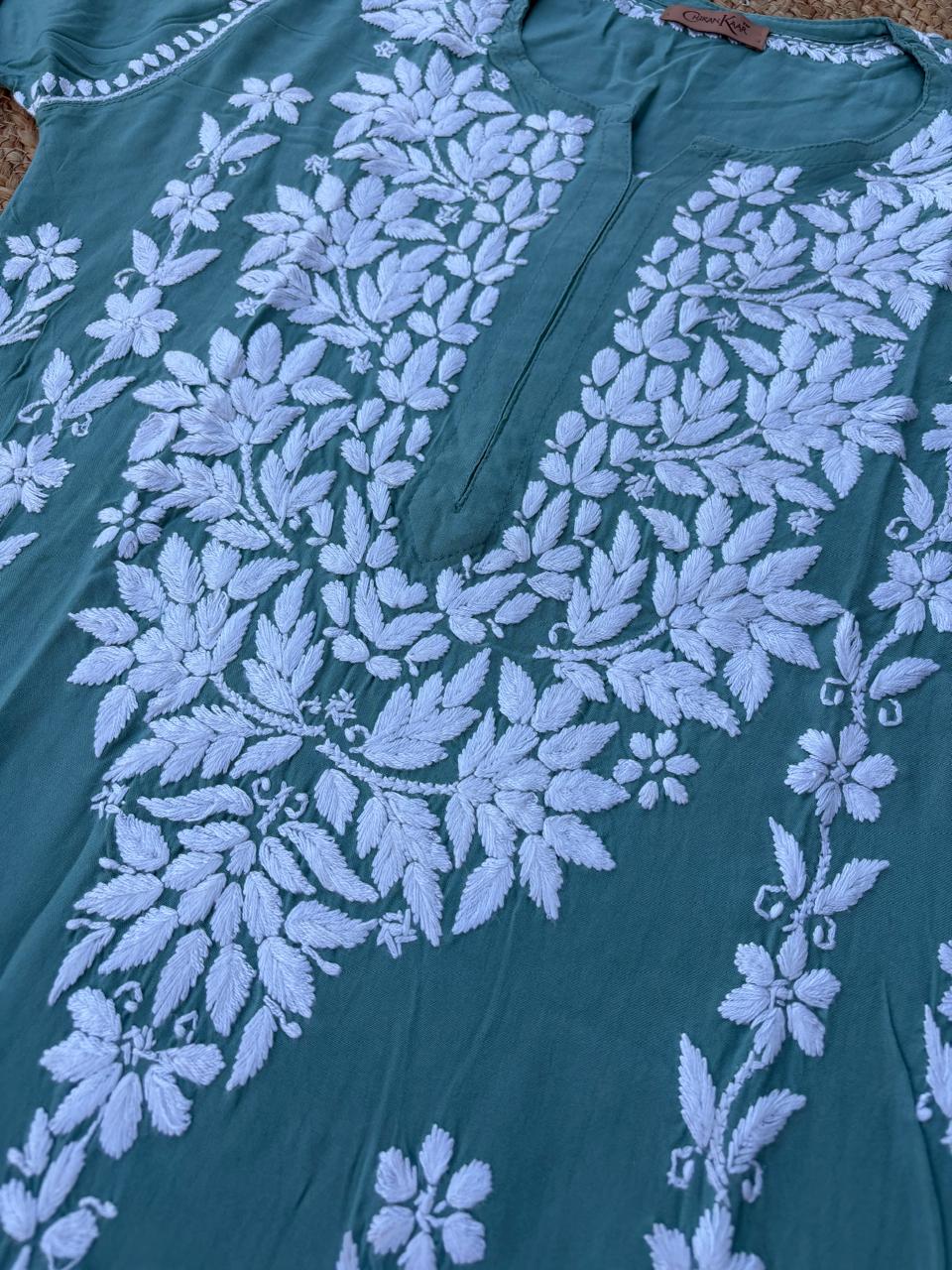 Samara Rayon Handwork Chikankari Kurti Plazo Set - Sea Green Colour