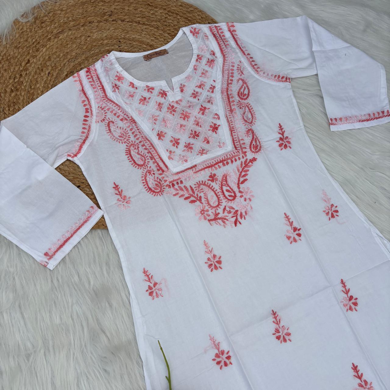 Zoya Cotton Lucknowi Chikankari Kurti - White Gazri Color