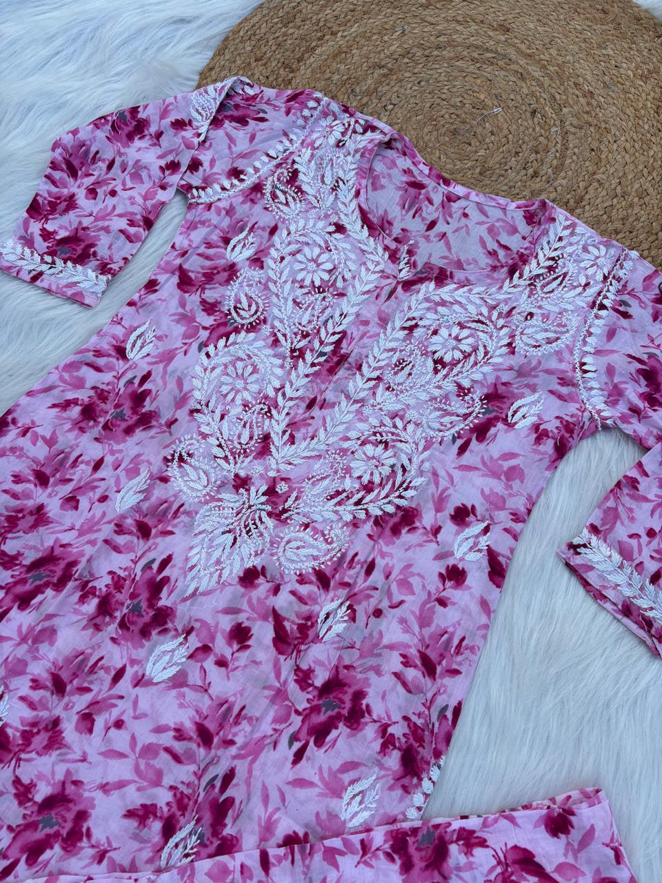 Hadaya Mulmul Cotton Chikankari Kurti Set -Pink Colour