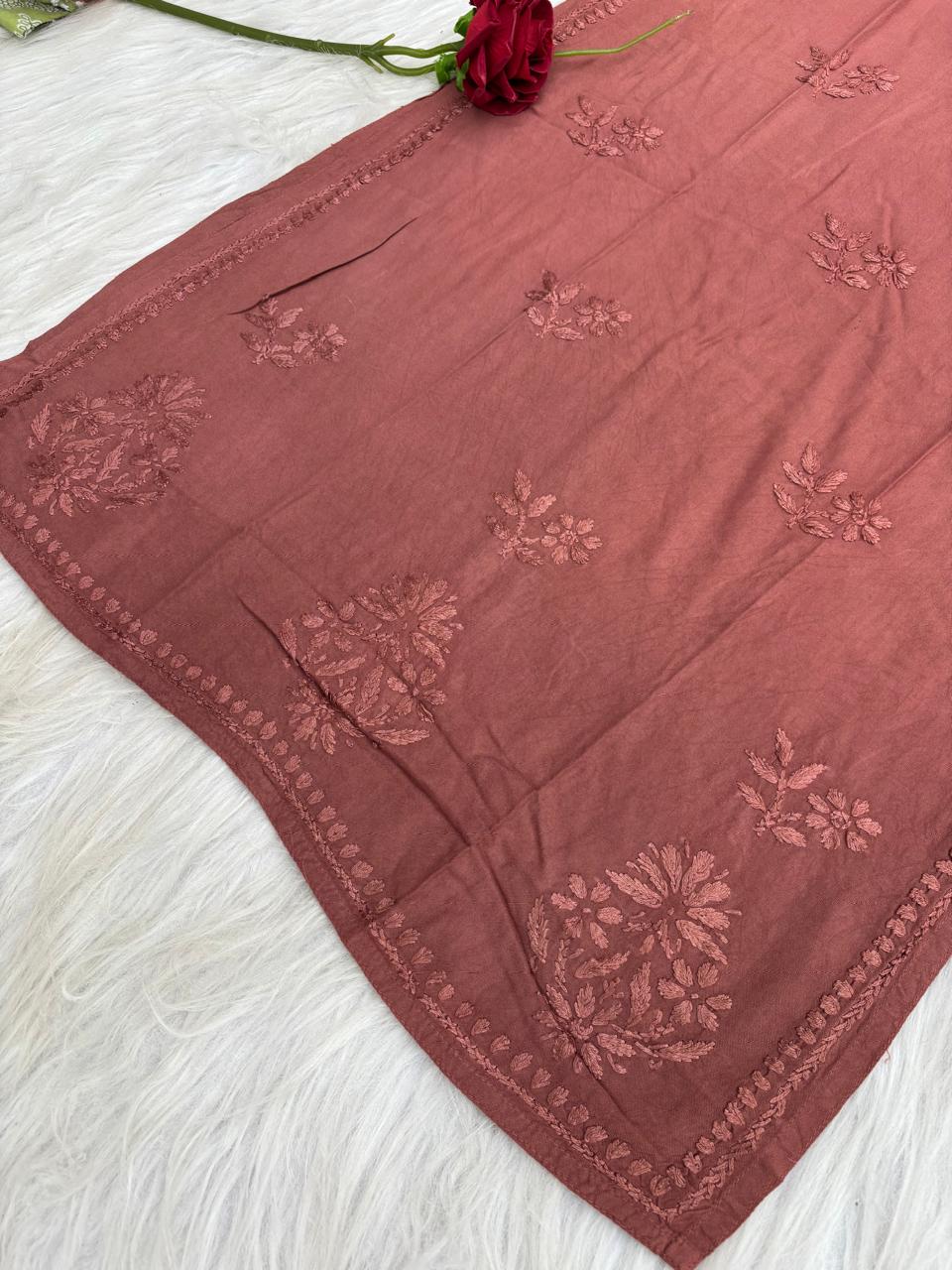 Kiara Dyeable Soft Rayon Handwork Chikankari Kurti - Brown Colour