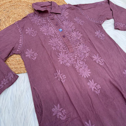Sadia Dobby Cotton Ombre Shaded Chikankari Kurti with Collar - Wine Colour