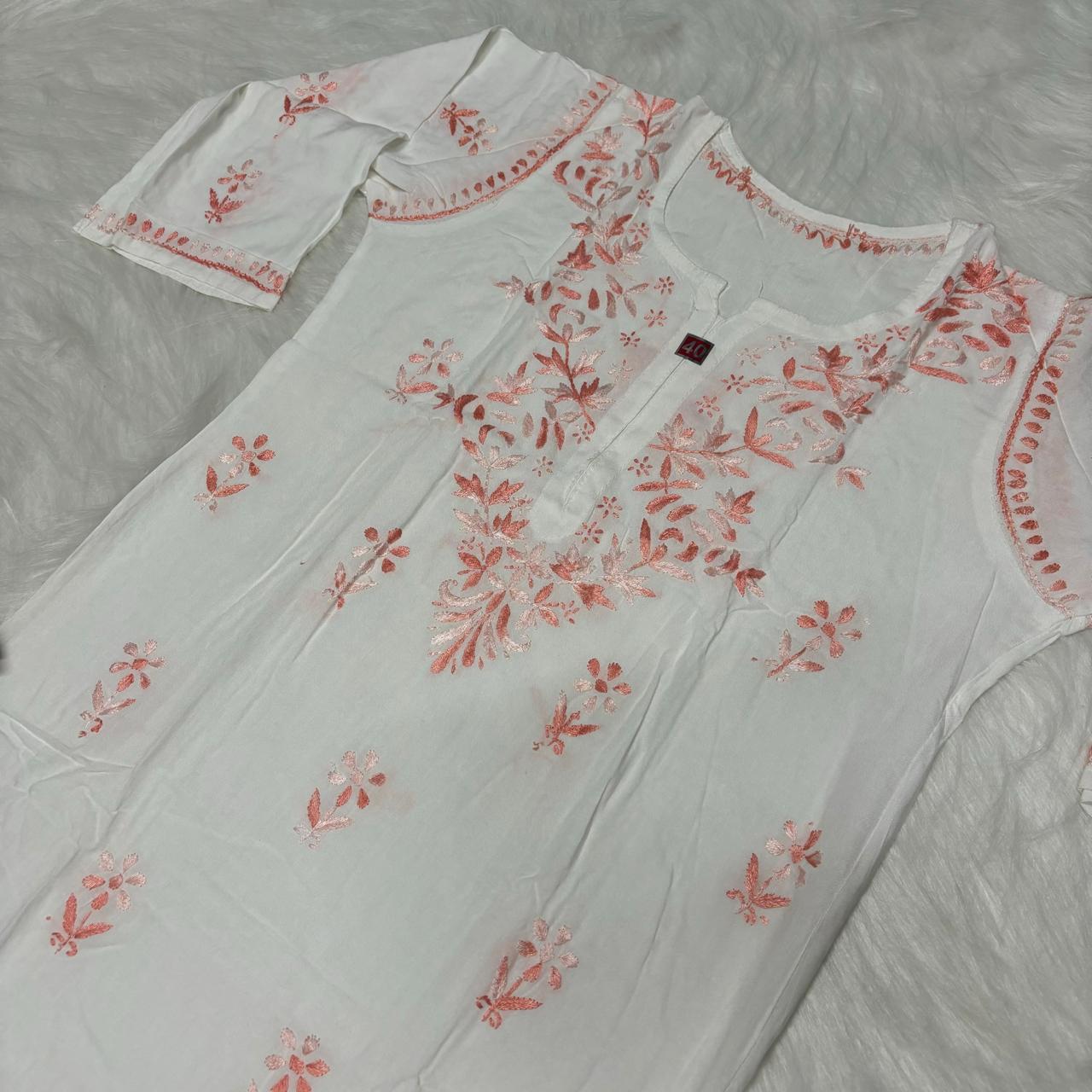 Aleena Rayon Chikankari Kurti Plazo Set - White Peach color