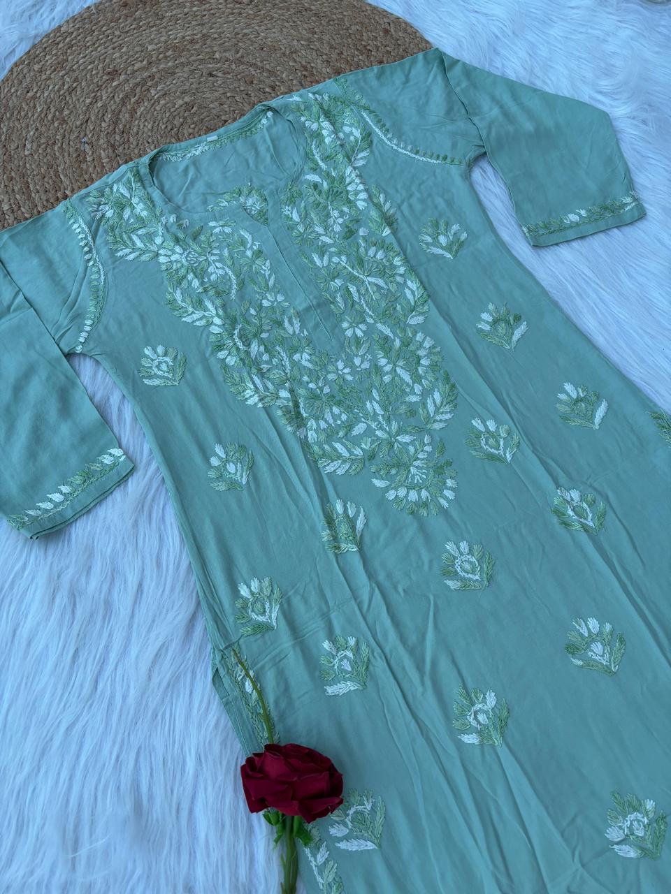 Roohi Rayon Tone To Tone Lucknowi Handwork Chikankari Kurti - Pista Color