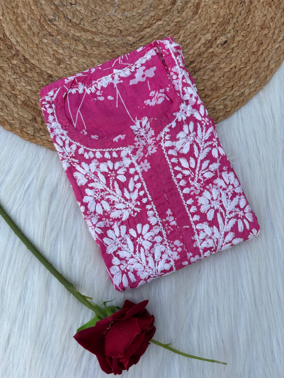 Sidra Pure Mulmul Chikankari Handwork Kurti - Pink Colour