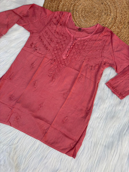 Zimal Dyeable Soft Rayon Chikankari Short Kurti - Gazri Colour