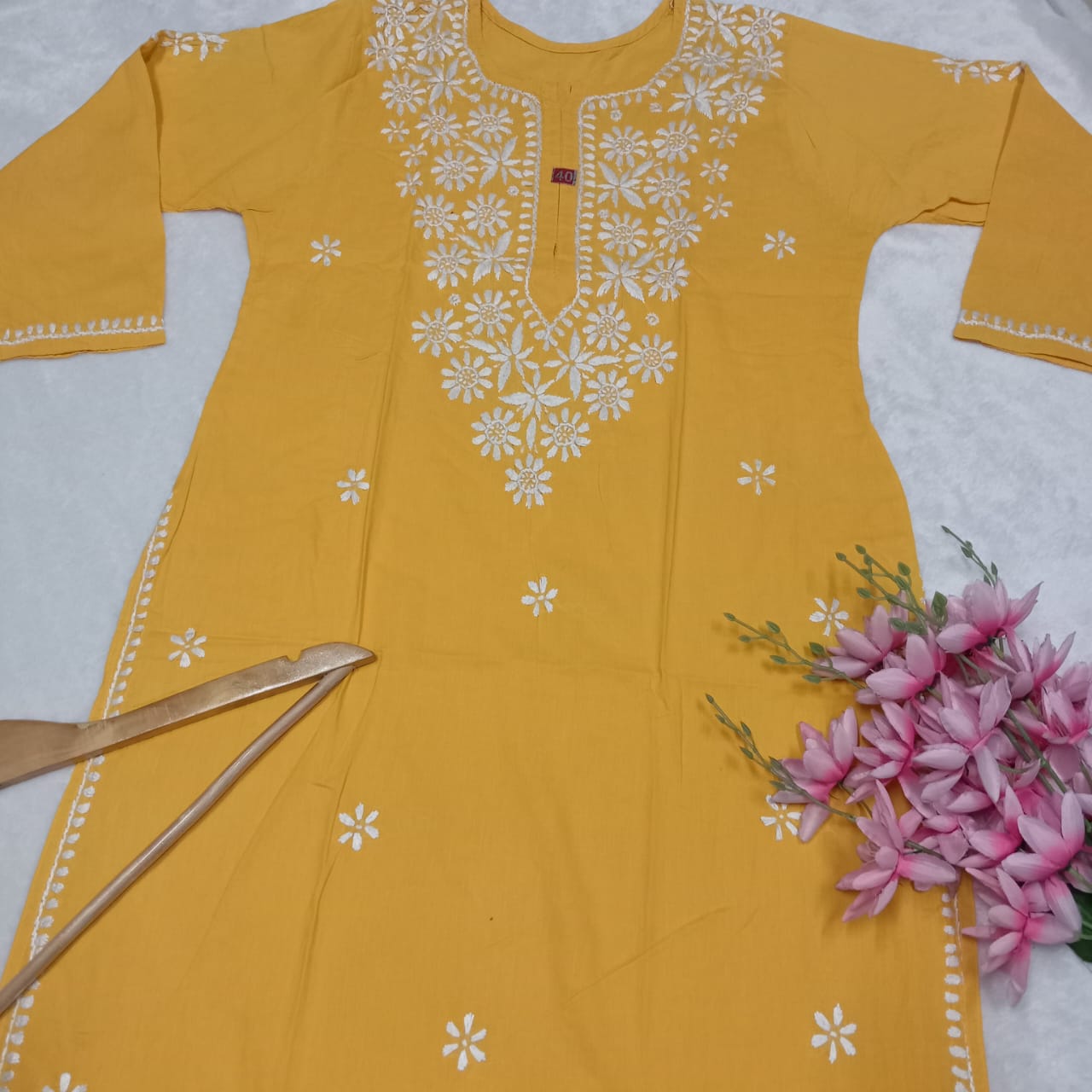 Pure Cotton Chikankari Handwork Kurti - Yellow Colour