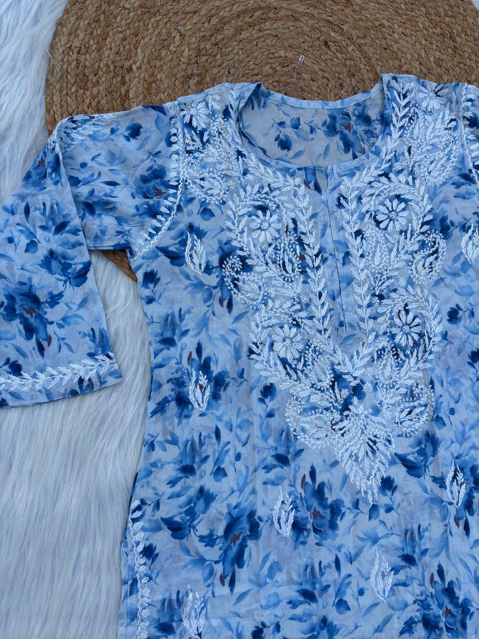 Hadaya Mulmul Cotton Chikankari Kurti Set - Blue Colour