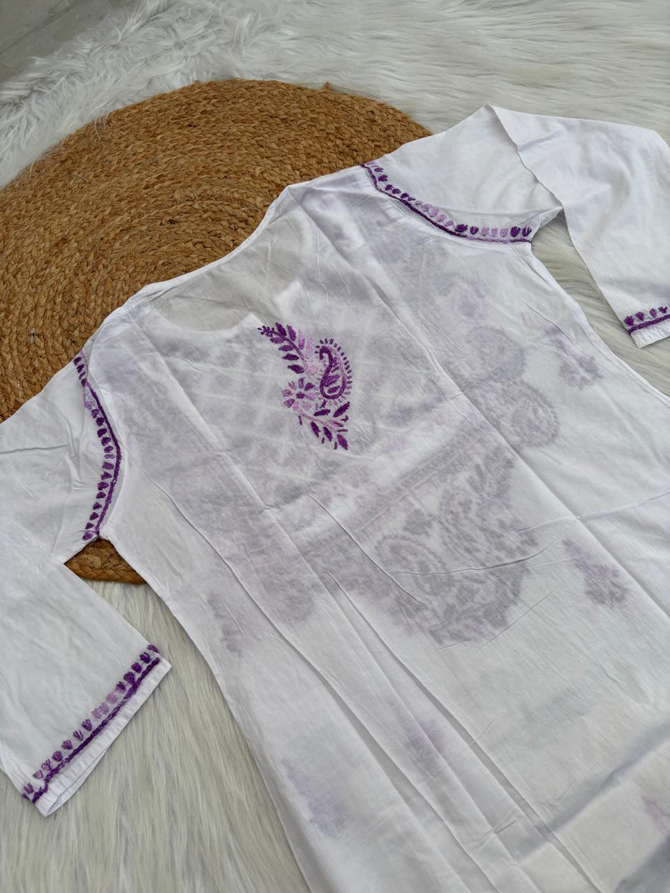 Zoya Cotton Lucknowi Handwork Chikankari Kurti - White Purple Colour