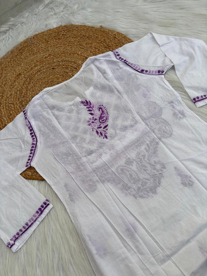 Zoya Cotton Lucknowi Handwork Chikankari Kurti - White Purple Colour