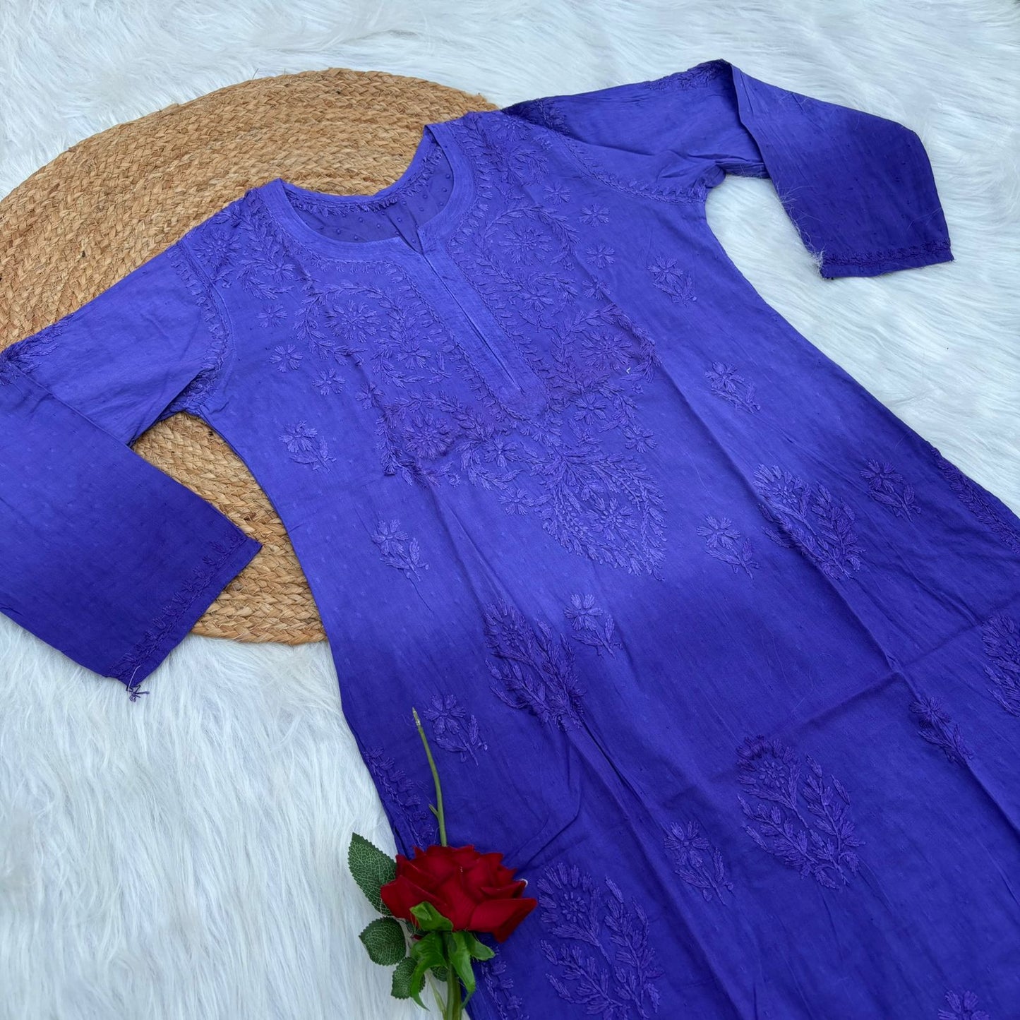 Tuba Ombre Shaded Dobby Cotton Chikankari Kurti - Purple Colour