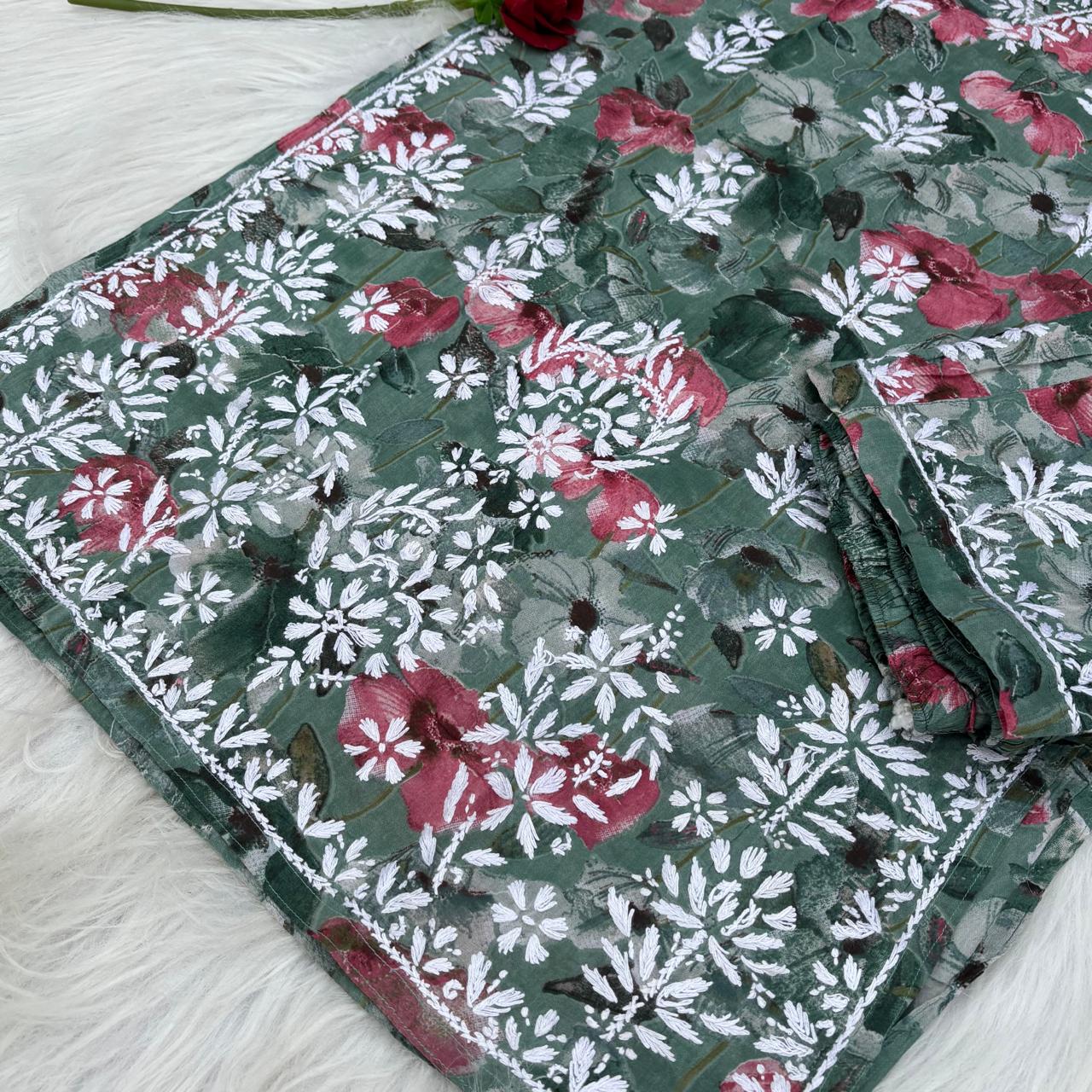 Jameela Mulmul Cotton Chikankari Kurti Set - Dark Green Colour
