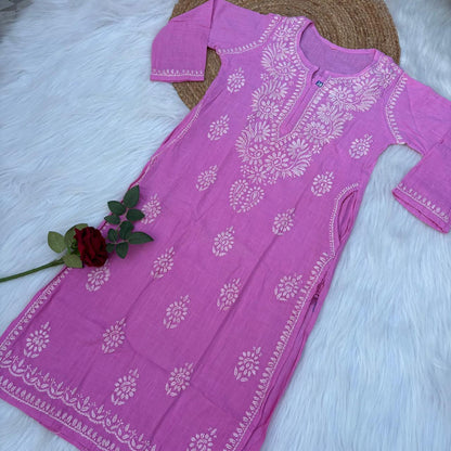 Isha Slub Cotton Chikankari Kurti -Baby Pink colour