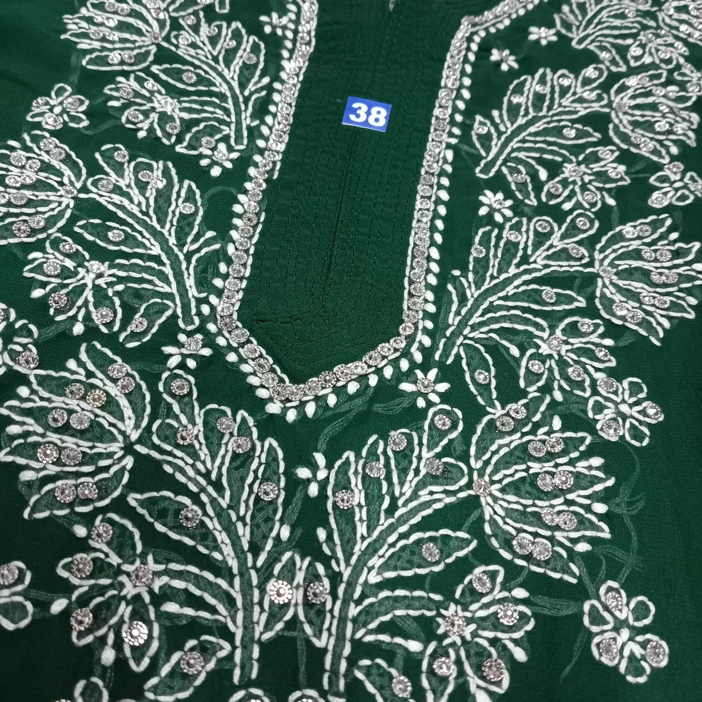 Stone Work Georgette Chikankari Kurti -Dark Green Colour