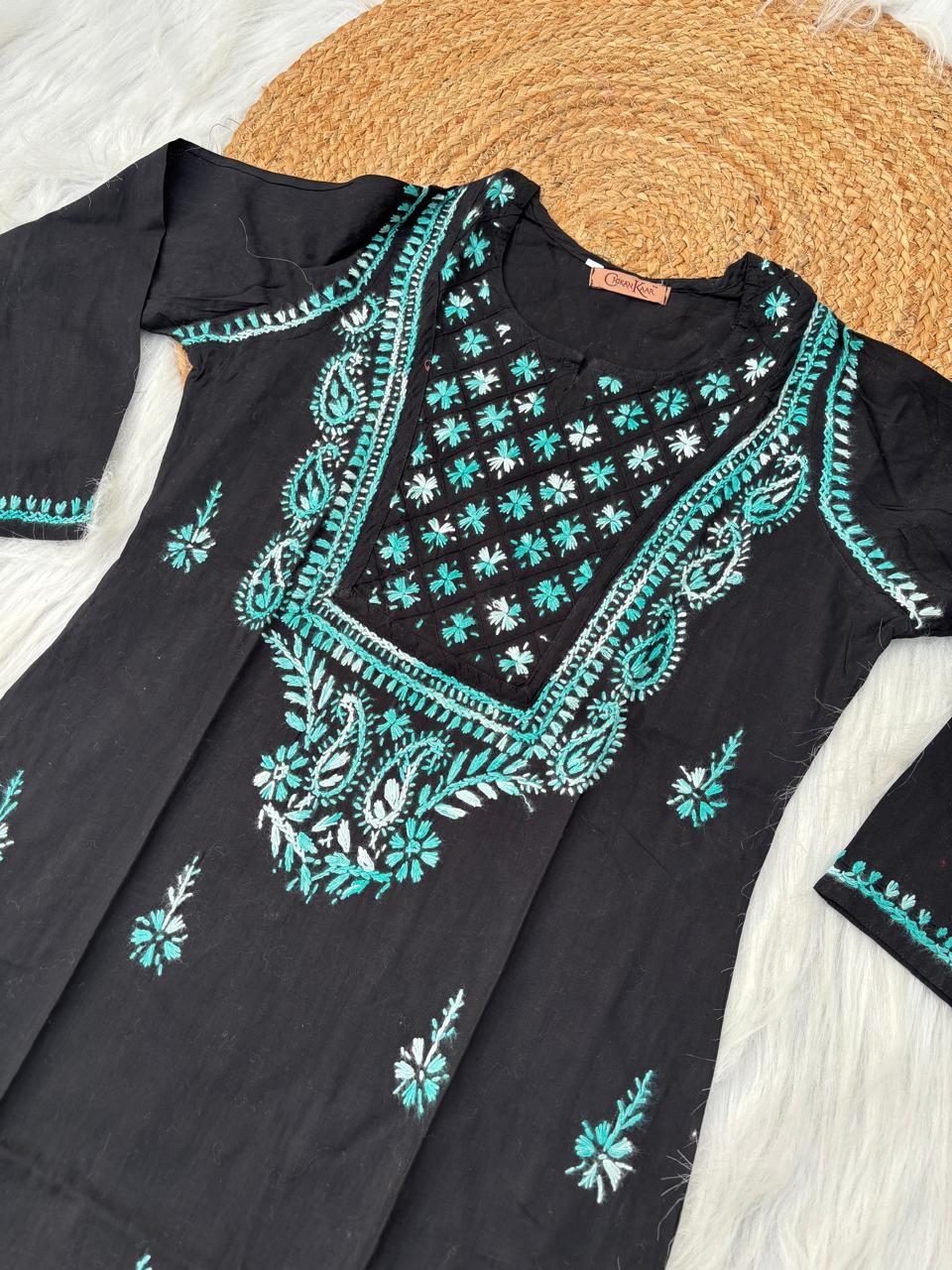 Maryam Handwork Cotton Lucknowi Chikankari Kurti - Sea Green Colour