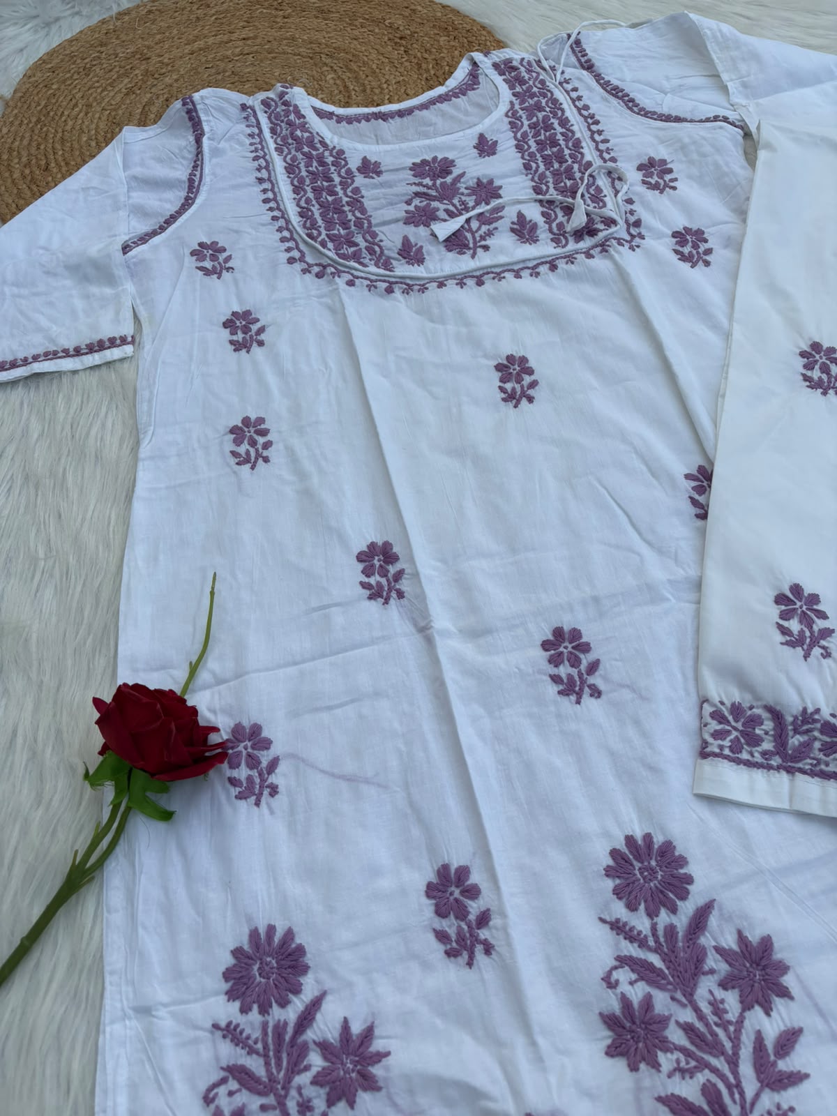 Heer Plus Size Cotton Handwork Chikankari Kurti Set - White Purple